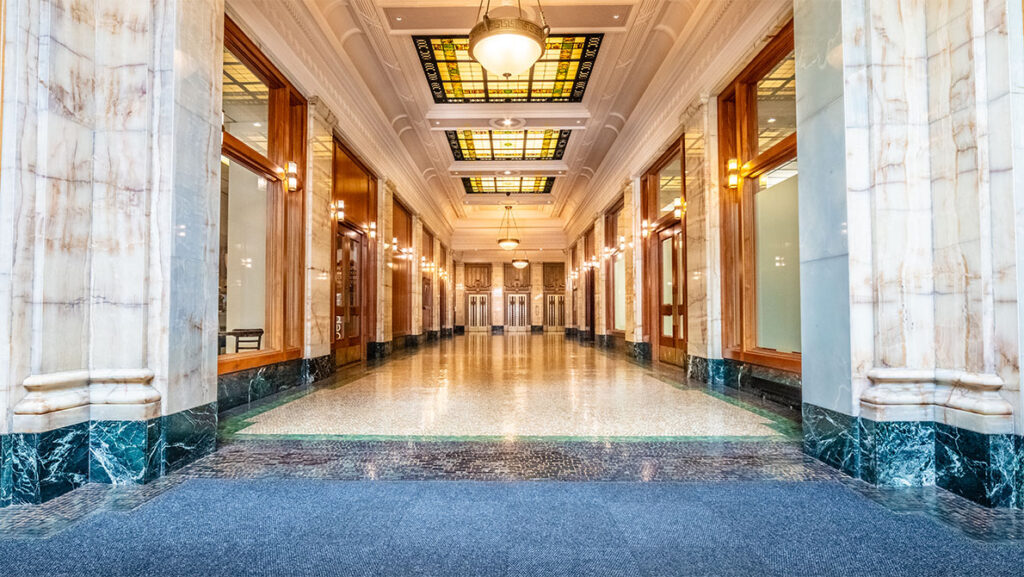 Grand, marble-clad entrance hall of the Securities Building in Seattle.