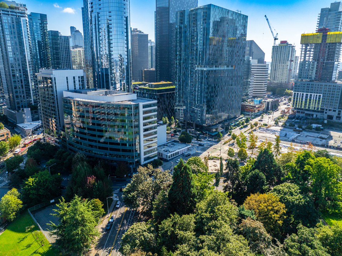 Exterior aerial shot of Denny Regrade area of Seattle with 2230 Eighth in the center of the image.